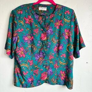 Alfred Dunner Vintage 80’s Women's Teal Floral‎ Blouse Size 12 Cottagecore EUC